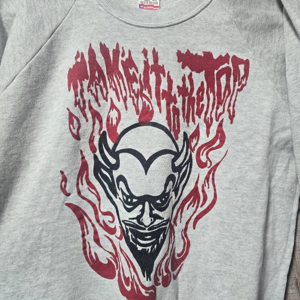 Vintage 90s ENS Take It To The Top Grey Graphic Devil Band Unisex Sweatshirt - Picture 2 of 5